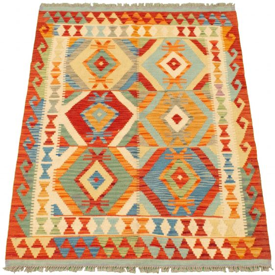 Turkish Bold and Colorful 3'4" x 4'10" Flat-Weave Wool Kilim 