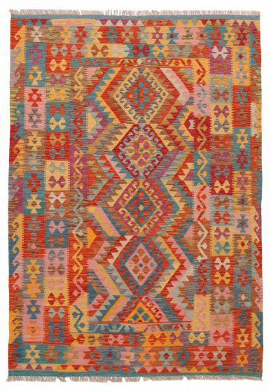 Turkish Bold and Colorful 5'8" x 8'0" Flat-Weave Wool Kilim 