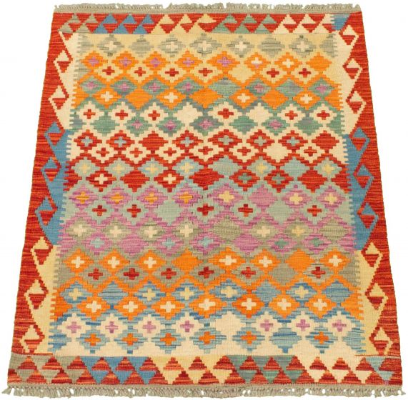 Turkish Bold and Colorful 3'3" x 4'8" Flat-Weave Wool Kilim 