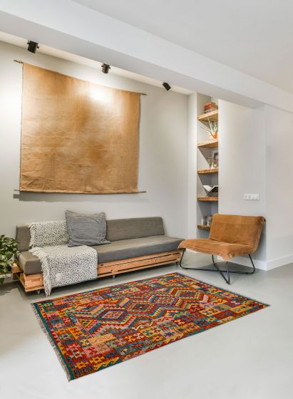 Turkish Bold and Colorful 5'8" x 8'0" Flat-Weave Wool Kilim 