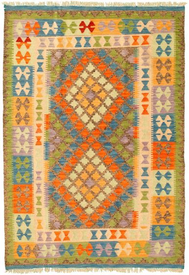 Turkish Bold and Colorful 4'0" x 5'11" Flat-Weave Wool Kilim 