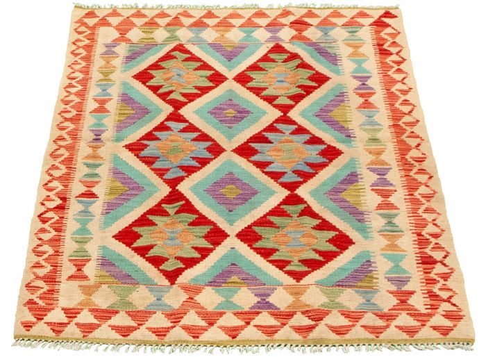 Turkish Bold and Colorful 3'8" x 5'3" Flat-Weave Wool Kilim 