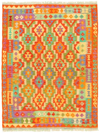 Turkish Bold and Colorful 4'9" x 6'3" Flat-Weave Wool Kilim 