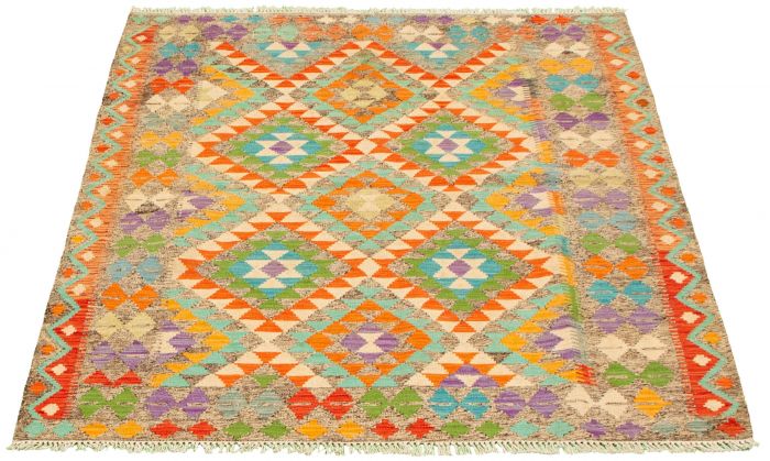 Turkish Bold and Colorful 5'1" x 6'2" Flat-Weave Wool Kilim 