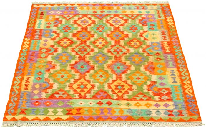 Turkish Bold and Colorful 4'9" x 6'3" Flat-Weave Wool Kilim 