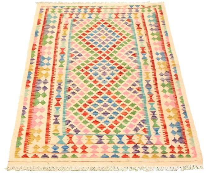 Turkish Bold and Colorful 3'7" x 6'6" Flat-Weave Wool Kilim 