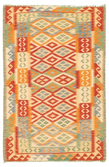 Turkish Bold and Colorful 4'2" x 6'2" Flat-Weave Wool Kilim 