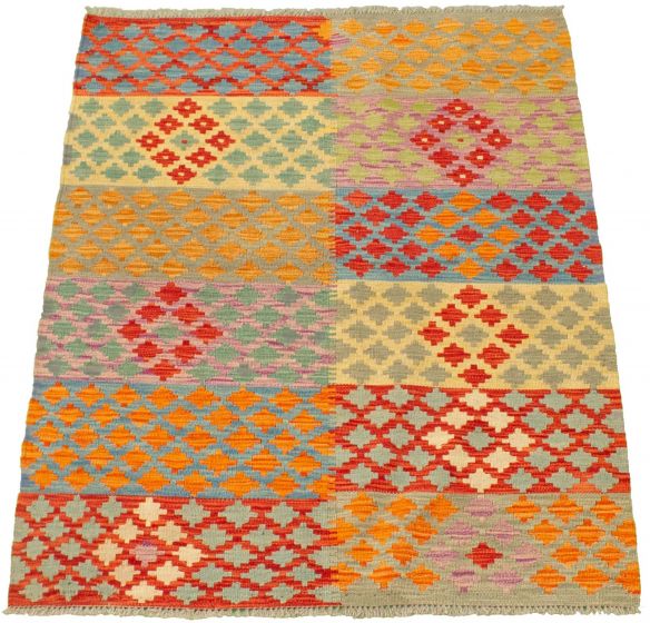 Turkish Bold and Colorful 3'3" x 4'6" Flat-Weave Wool Kilim 