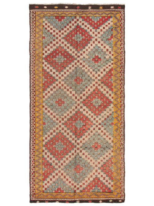 Turkish Konya 4'11" x 11'7" Flat-Weave Wool Tapestry Kilim 