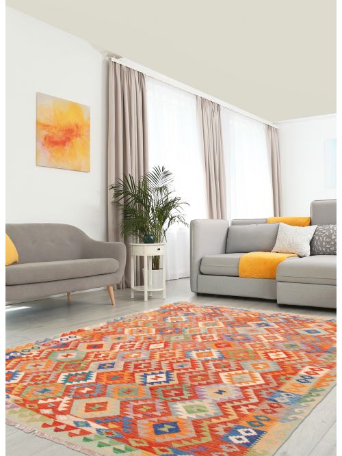 Turkish Bold and Colorful 6'7" x 9'9" Flat-Weave Wool Kilim 