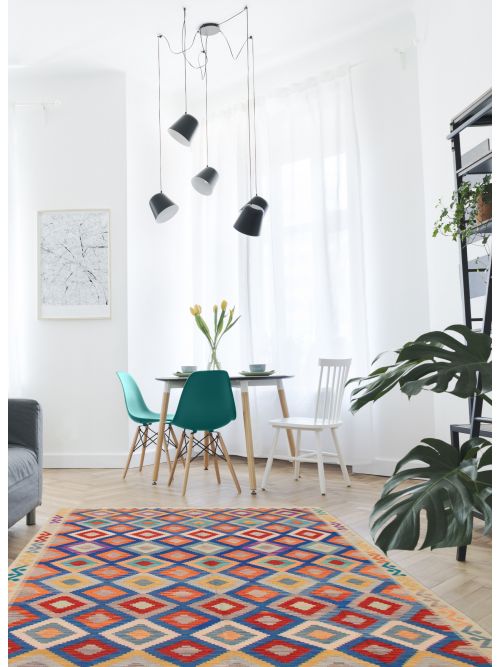 Turkish Bold and Colorful 6'6" x 9'9" Flat-Weave Wool Kilim 