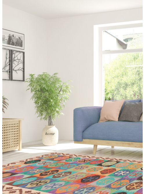 Turkish Bold and Colorful 6'7" x 9'9" Flat-Weave Wool Kilim 