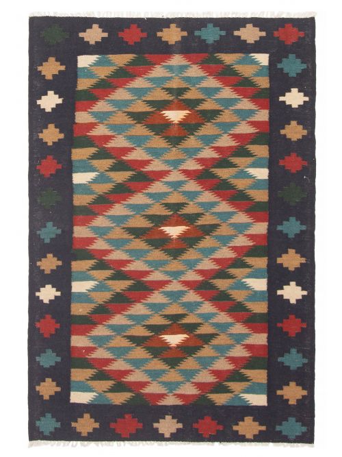 Turkish Bold and Colorful 3'2" x 4'9" Flat-Weave Wool Kilim 