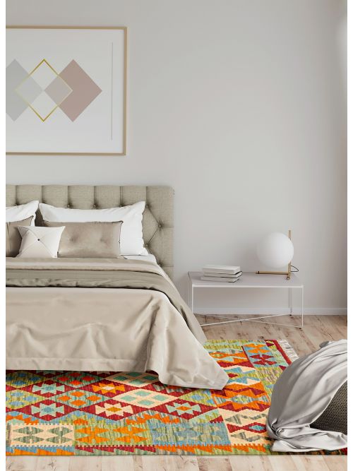 Turkish Bold and Colorful 3'3" x 4'8" Flat-Weave Wool Kilim 