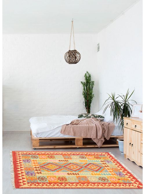 Turkish Bold and Colorful 2'11" x 3'11" Flat-Weave Wool Kilim 