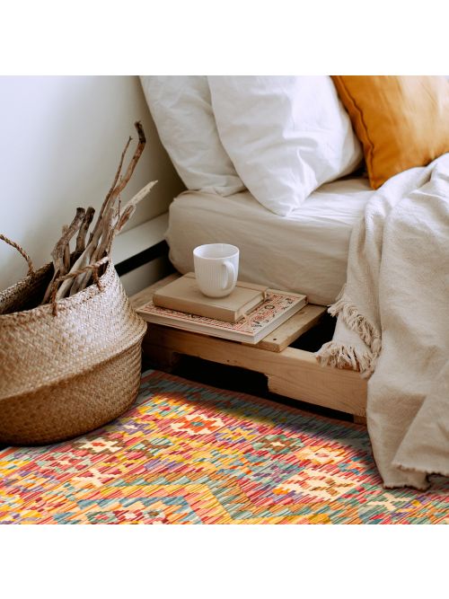 Turkish Bold and Colorful 3'4" x 4'1" Flat-Weave Wool Kilim 