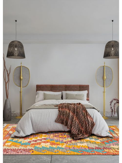 Turkish Bold and Colorful 2'7" x 4'3" Flat-Weave Wool Kilim 