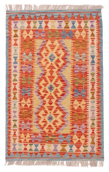 Turkish Bold and Colorful 3'1" x 4'9" Flat-Weave Wool Kilim 