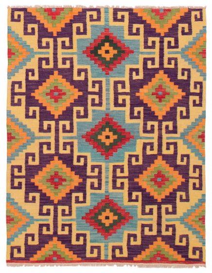 Turkish Bold and Colorful 4'7" x 6'5" Flat-Weave Wool Kilim 