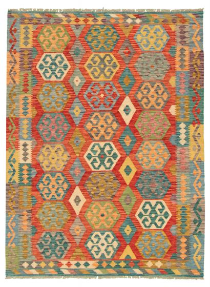 Turkish Bold and Colorful 5'9" x 7'9" Flat-Weave Wool Kilim 