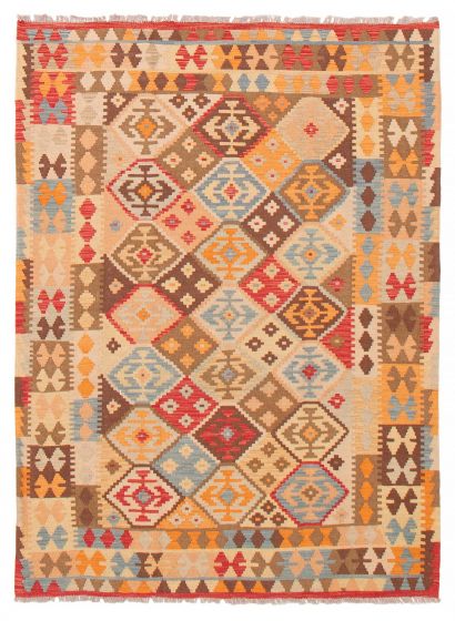 Turkish Bold and Colorful 4'11" x 6'7" Flat-Weave Wool Kilim 