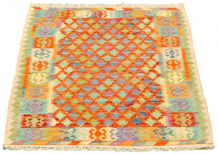 Turkish Bold and Colorful 3'4" x 4'11" Flat-Weave Wool Kilim 