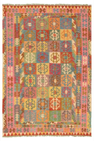 Turkish Bold and Colorful 6'7" x 9'6" Flat-Weave Wool Kilim 