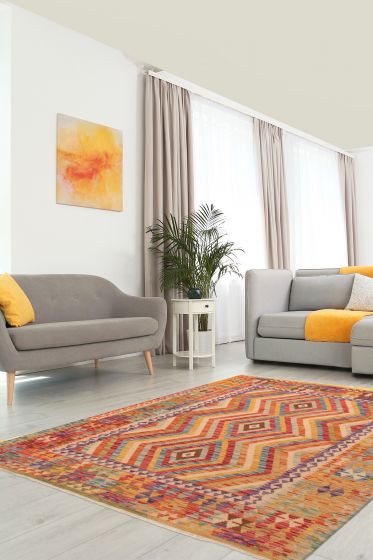 Turkish Bold and Colorful 5'1" x 6'6" Flat-Weave Wool Kilim 