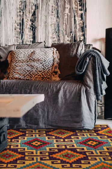 Turkish Bold and Colorful 4'7" x 6'5" Flat-Weave Wool Kilim 