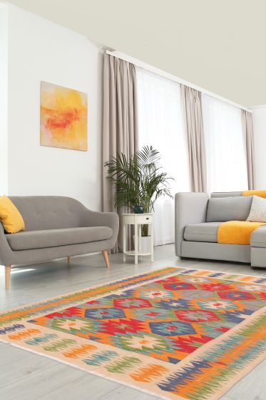 Turkish Bold and Colorful 4'9" x 6'9" Flat-Weave Wool Kilim 