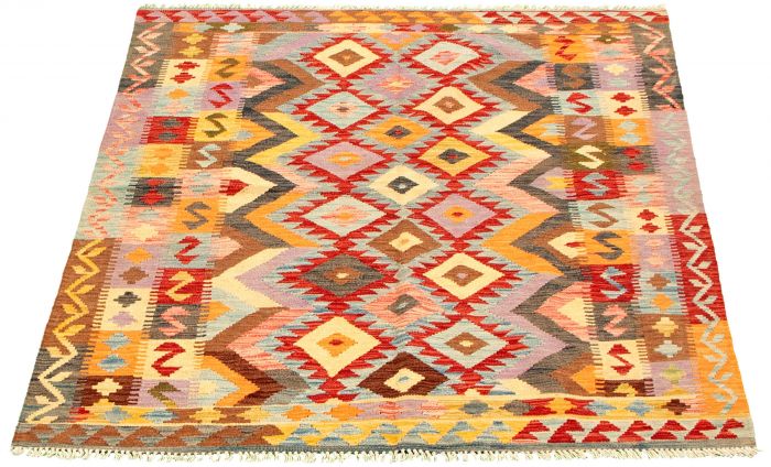 Turkish Bold and Colorful 4'11" x 6'1" Flat-Weave Wool Kilim 