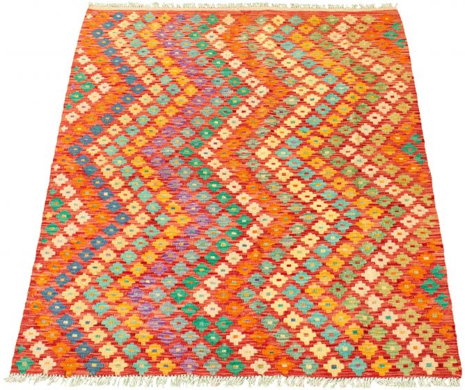 Turkish Bold and Colorful 4'10" x 5'10" Flat-Weave Wool Kilim 