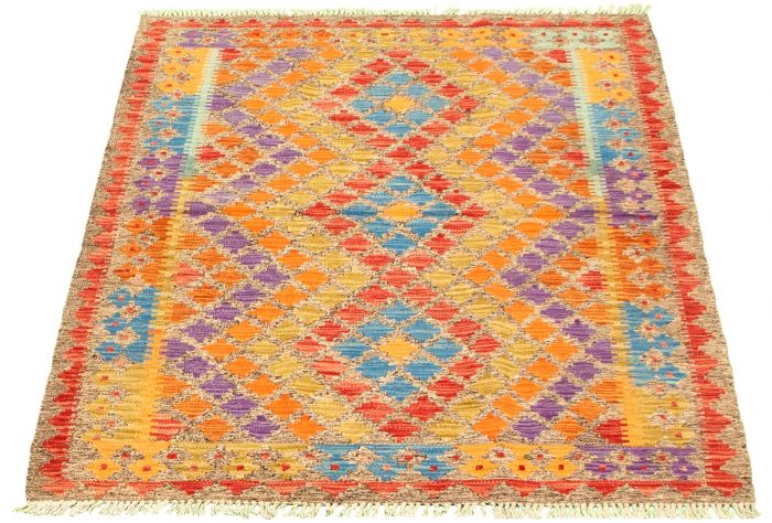 Turkish Bold and Colorful 4'0" x 5'8" Flat-Weave Wool Kilim 