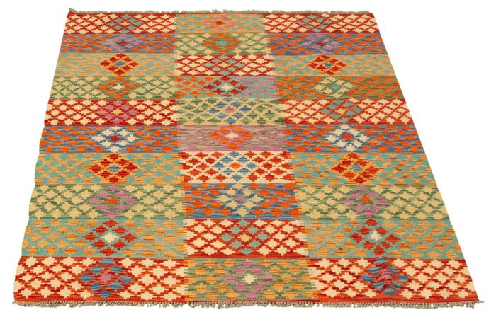Turkish Bold and Colorful 4'11" x 6'9" Flat-Weave Wool Kilim 