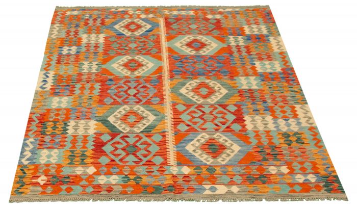 Turkish Bold and Colorful 5'10" x 7'10" Flat-Weave Wool Kilim 