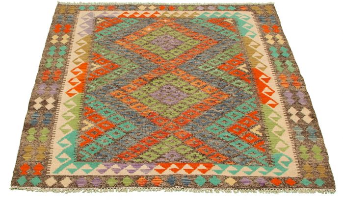 Turkish Bold and Colorful 5'0" x 6'2" Flat-Weave Wool Kilim 