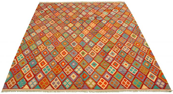 Turkish Bold and Colorful 8'3" x 9'9" Flat-Weave Wool Kilim 
