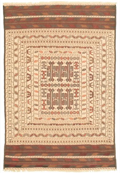 Turkish Shiravan SMK 4'5" x 5'10" Flat-Weave Wool Tapestry Kilim 