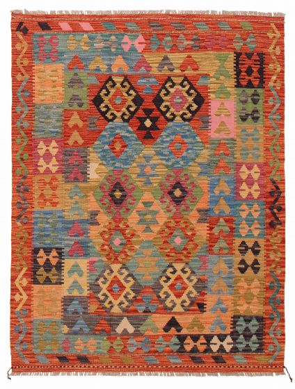 Turkish Bold and Colorful 4'11" x 6'7" Flat-Weave Wool Kilim 