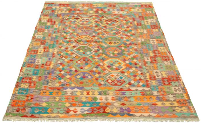 Turkish Bold and Colorful 6'5" x 9'6" Flat-Weave Wool Kilim 