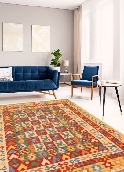 Turkish Bold and Colorful 6'10" x 9'7" Flat-Weave Wool Kilim 