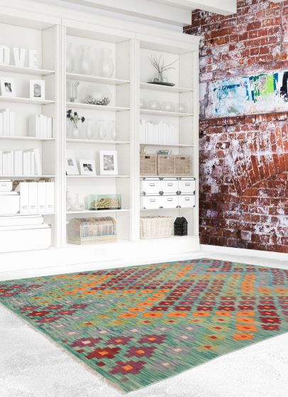 Turkish Bold and Colorful 6'6" x 9'9" Flat-Weave Wool Kilim 