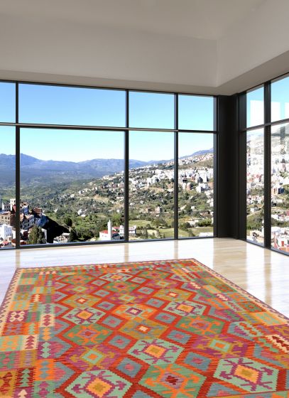 Turkish Bold and Colorful 7'0" x 9'10" Flat-Weave Wool Kilim 