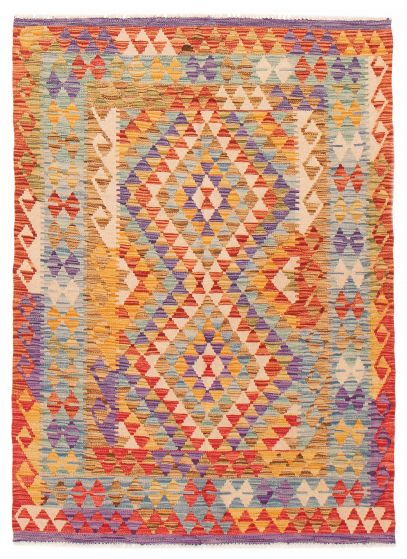 Turkish Bold and Colorful 4'3" x 5'9" Flat-Weave Wool Kilim 