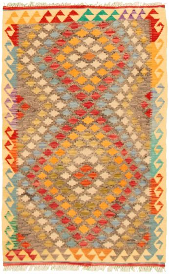Turkish Bold and Colorful 3'2" x 5'1" Flat-Weave Wool Kilim 