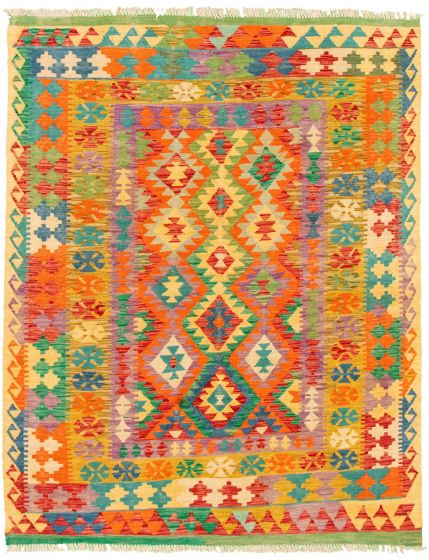 Turkish Bold and Colorful 5'1" x 6'6" Flat-Weave Wool Kilim 
