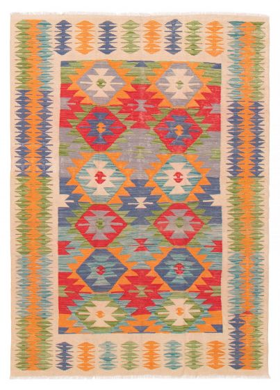 Turkish Bold and Colorful 4'9" x 6'9" Flat-Weave Wool Kilim 