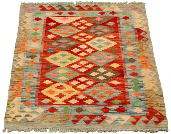 Turkish Bold and Colorful 3'1" x 4'10" Flat-Weave Wool Kilim 