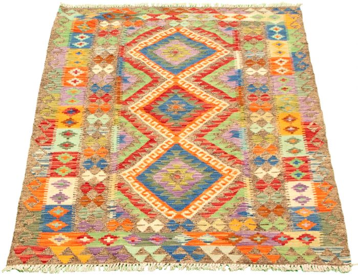 Turkish Bold and Colorful 4'2" x 6'4" Flat-Weave Wool Kilim 
