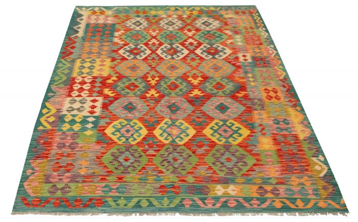 Turkish Bold and Colorful 6'7" x 9'9" Flat-Weave Wool Kilim 